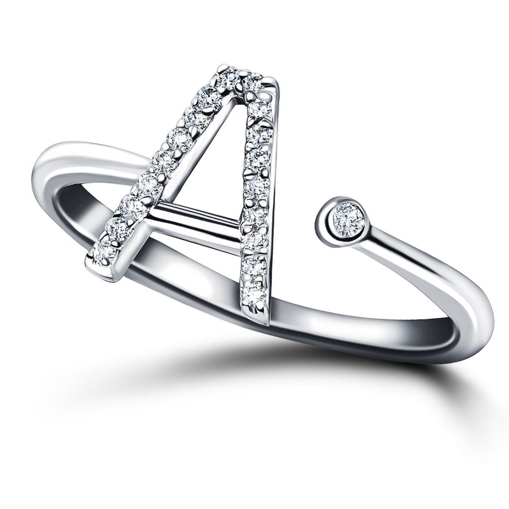 Diamond Initial 'A' Ring 0.10ct Premium Quality in 18k White Gold - All Diamond