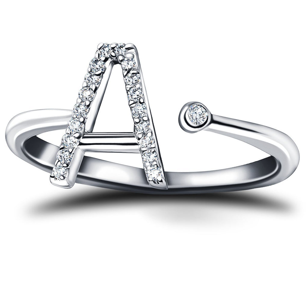 Diamond Initial 'A' Ring 0.10ct Premium Quality in 18k White Gold - All Diamond