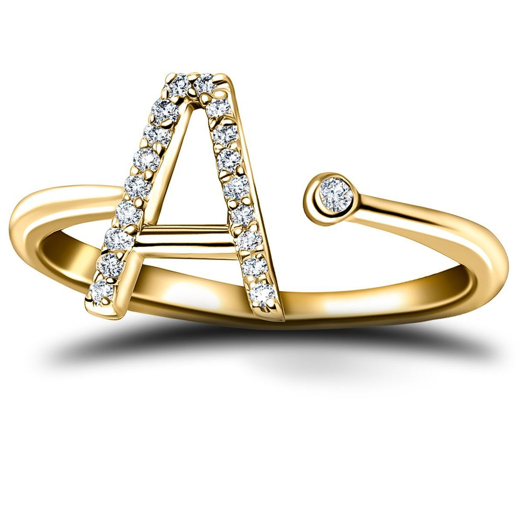 Diamond Initial 'A' Ring 0.10ct Premium Quality in 9k Yellow Gold - All Diamond