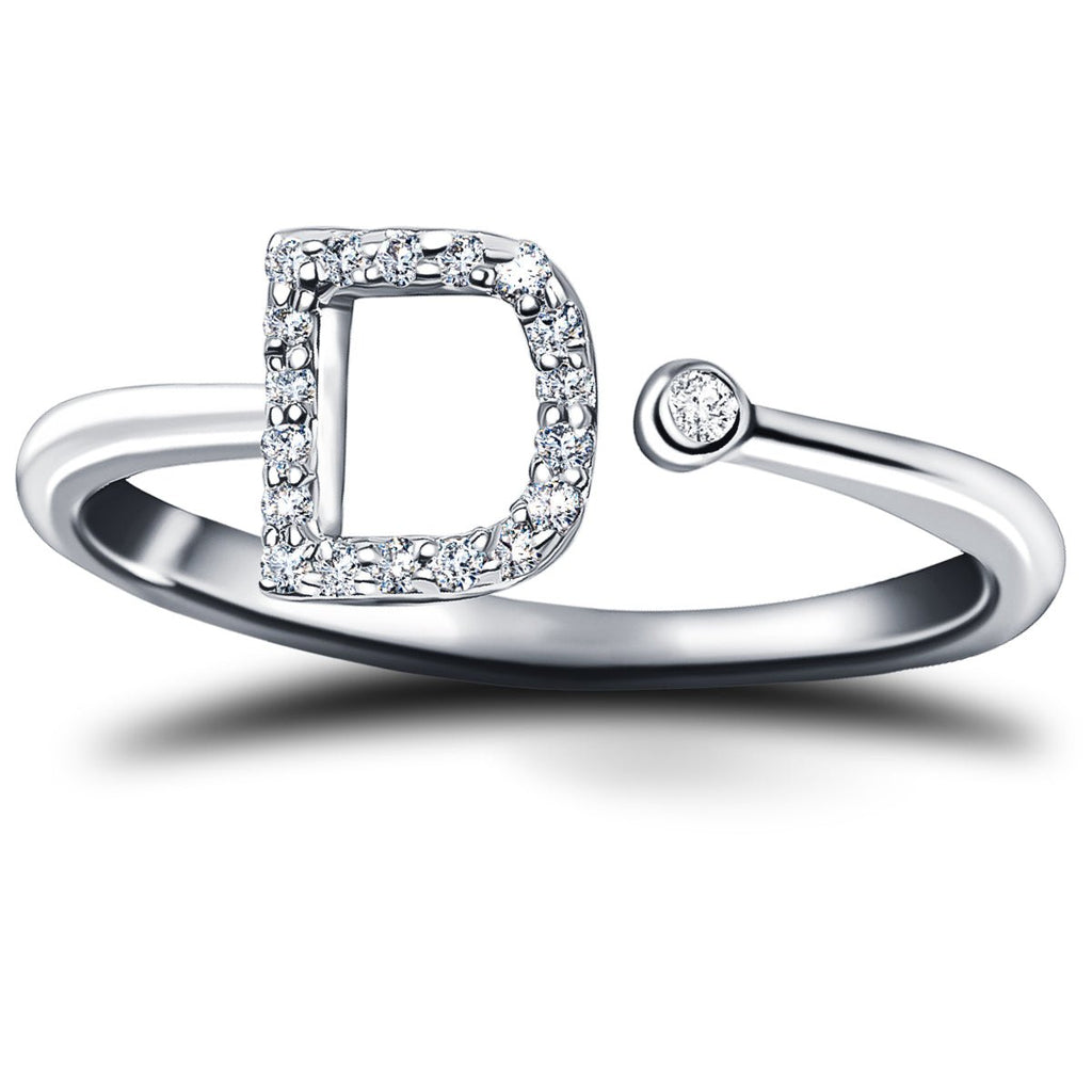 Diamond Initial 'D' Ring 0.10ct Premium Quality in 18k White Gold - All Diamond