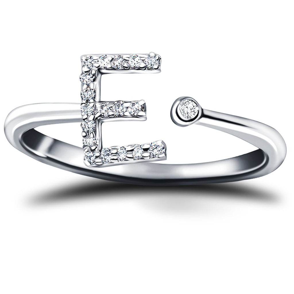 Diamond Initial 'E' Ring 0.10ct Premium Quality in 18k White Gold - All Diamond
