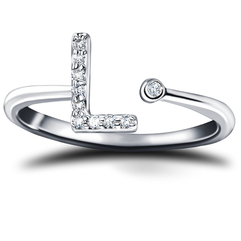 Diamond Initial 'L' Ring 0.10ct Premium Quality in 18k White Gold - All Diamond