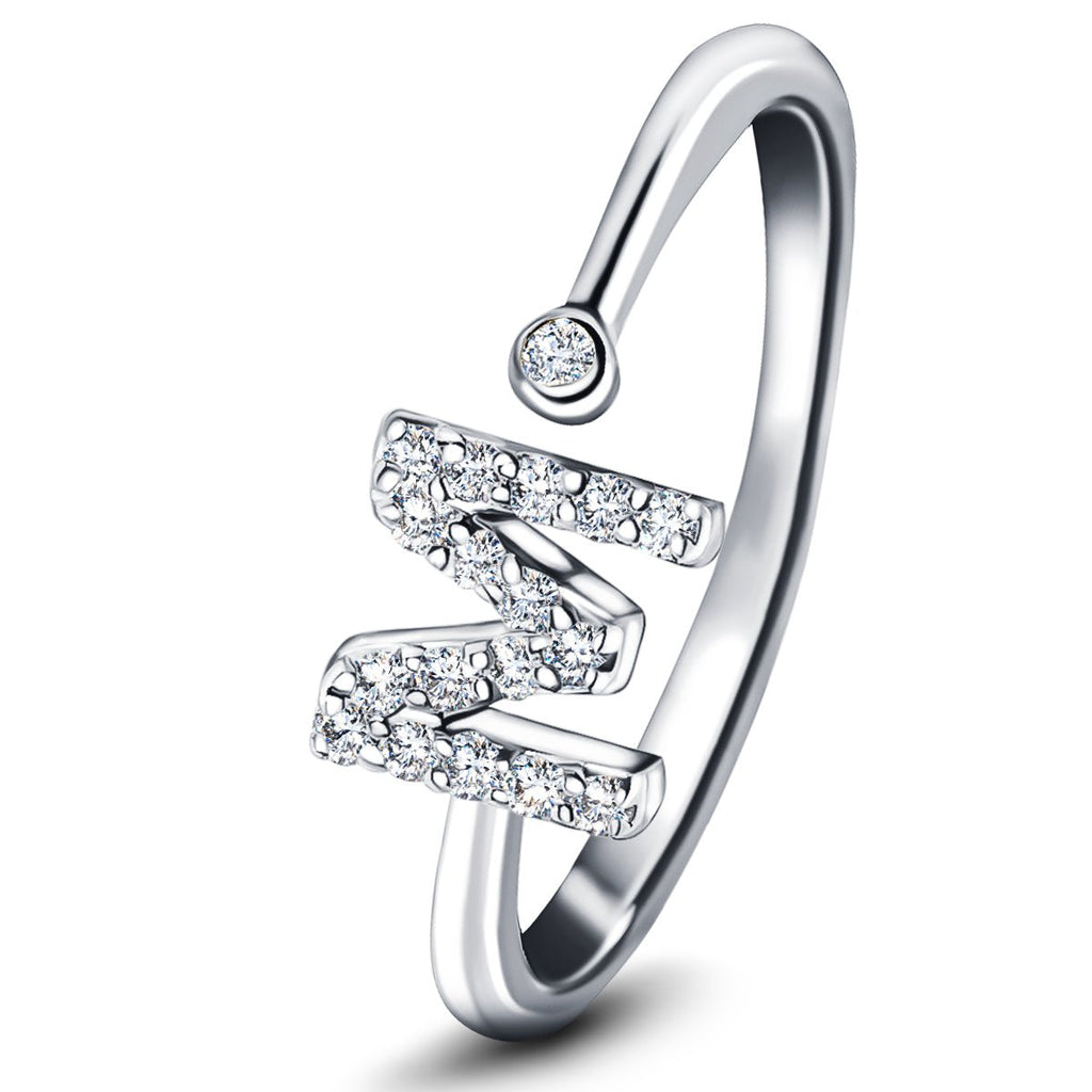 Diamond Initial 'M' Ring 0.10ct Premium Quality in 18k White Gold - All Diamond