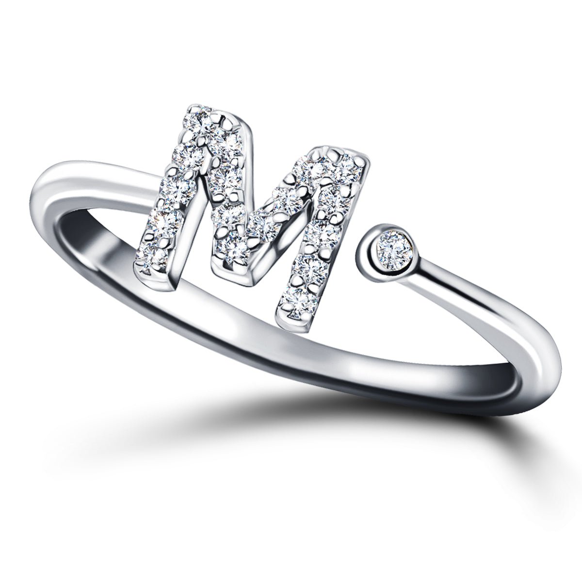 Diamond Initial 'M' Ring 0.10ct Premium Quality in 18k White Gold - All Diamond