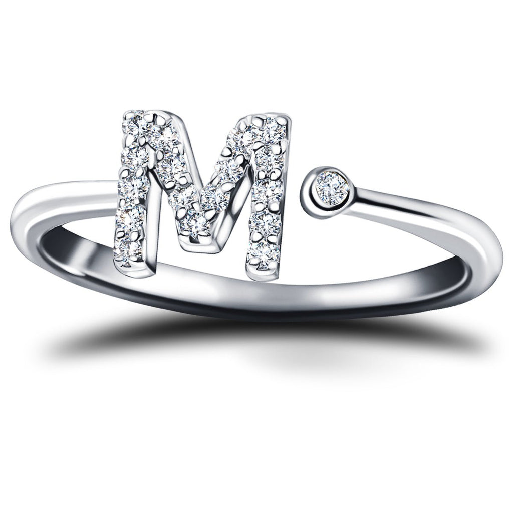 Diamond Initial 'M' Ring 0.10ct Premium Quality in 18k White Gold - All Diamond
