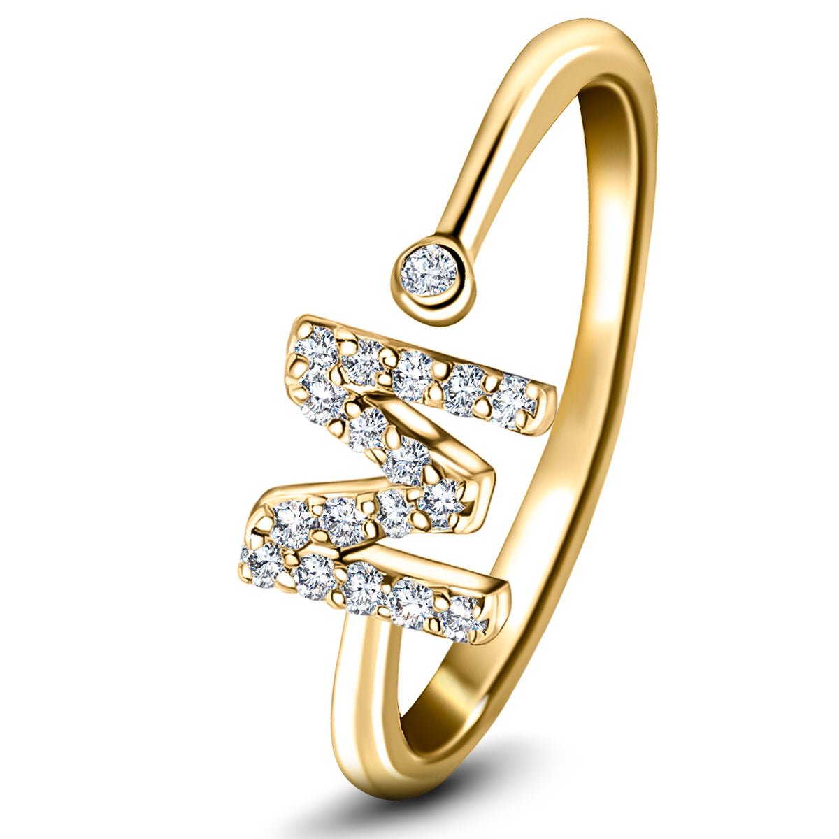 Diamond Initial 'M' Ring 0.10ct Premium Quality in 18k Yellow Gold - All Diamond