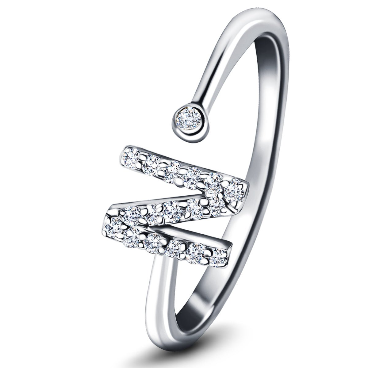 Diamond Initial 'N' Ring 0.10ct Premium Quality in 18k White Gold - All Diamond