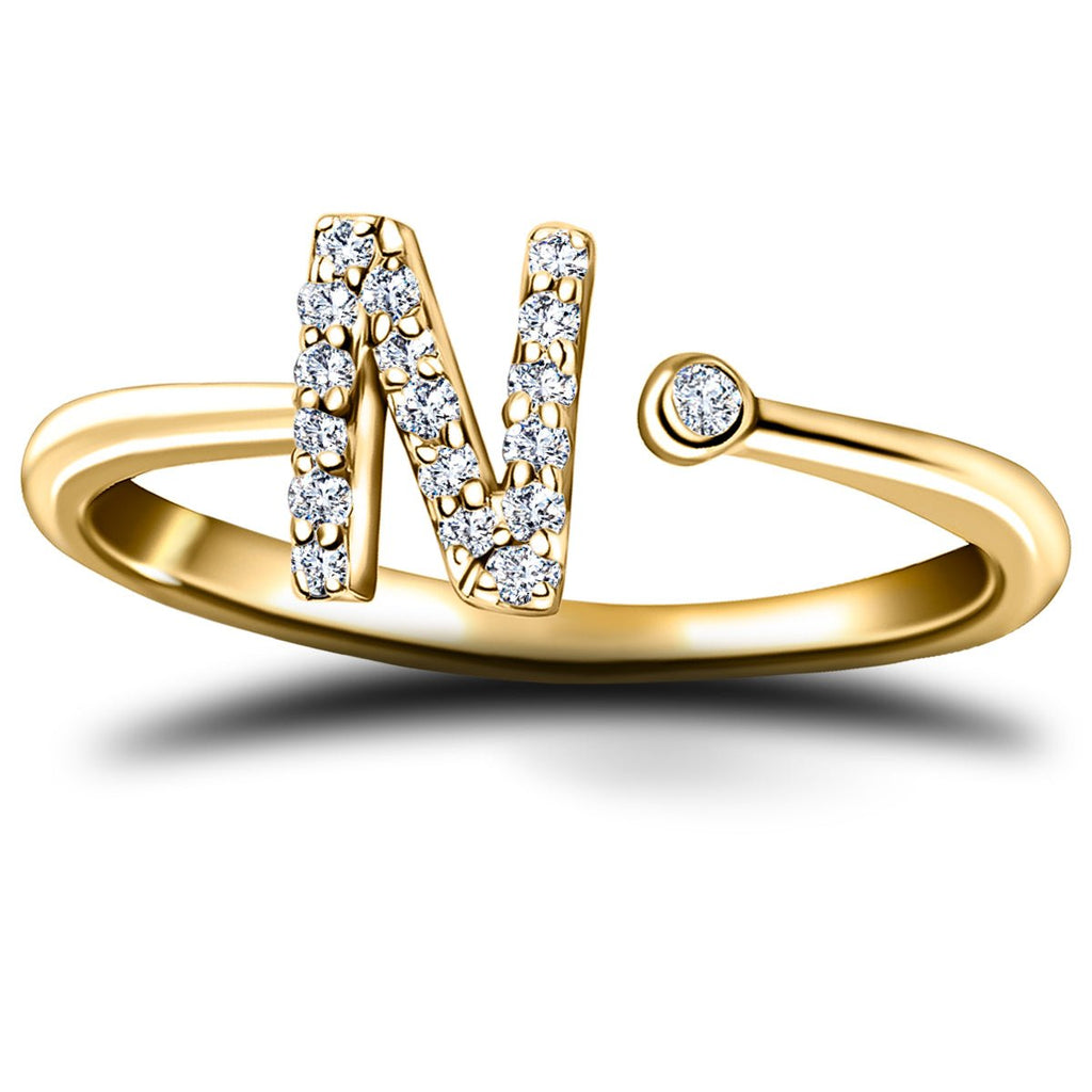 Diamond Initial 'N' Ring 0.10ct Premium Quality in 18k Yellow Gold - All Diamond