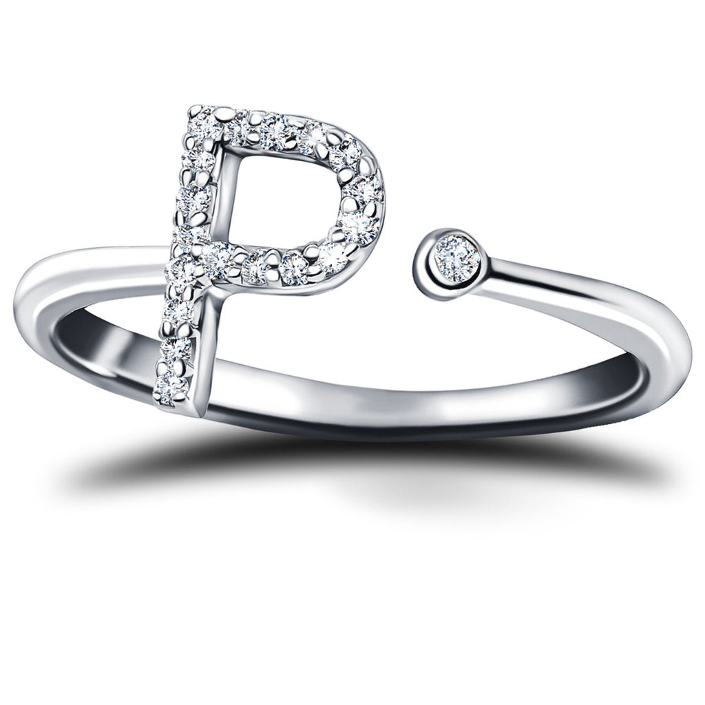 Diamond Initial 'P' Ring 0.10ct Premium Quality in 18k White Gold - All Diamond