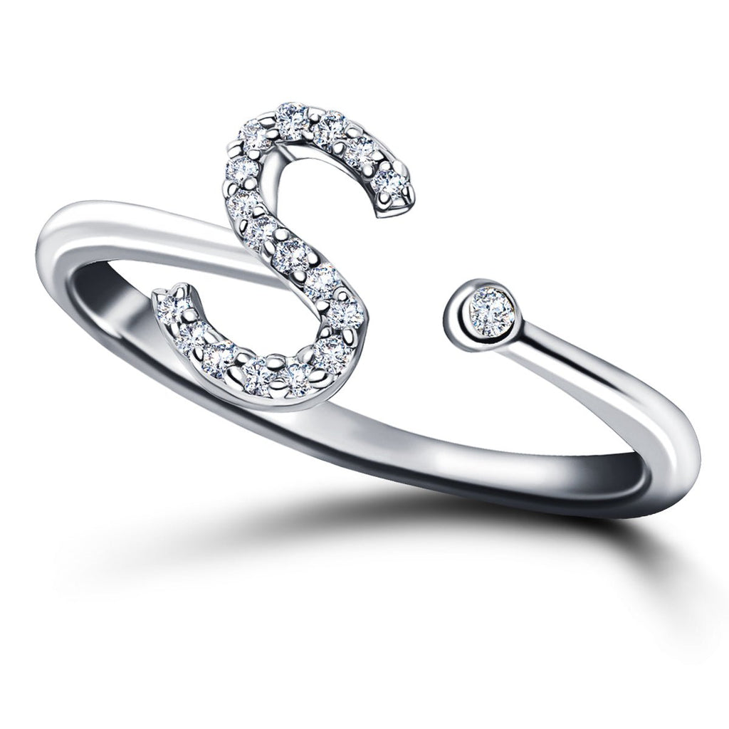 Diamond Initial 'S' Ring 0.10ct Premium Quality in 18k White Gold - All Diamond