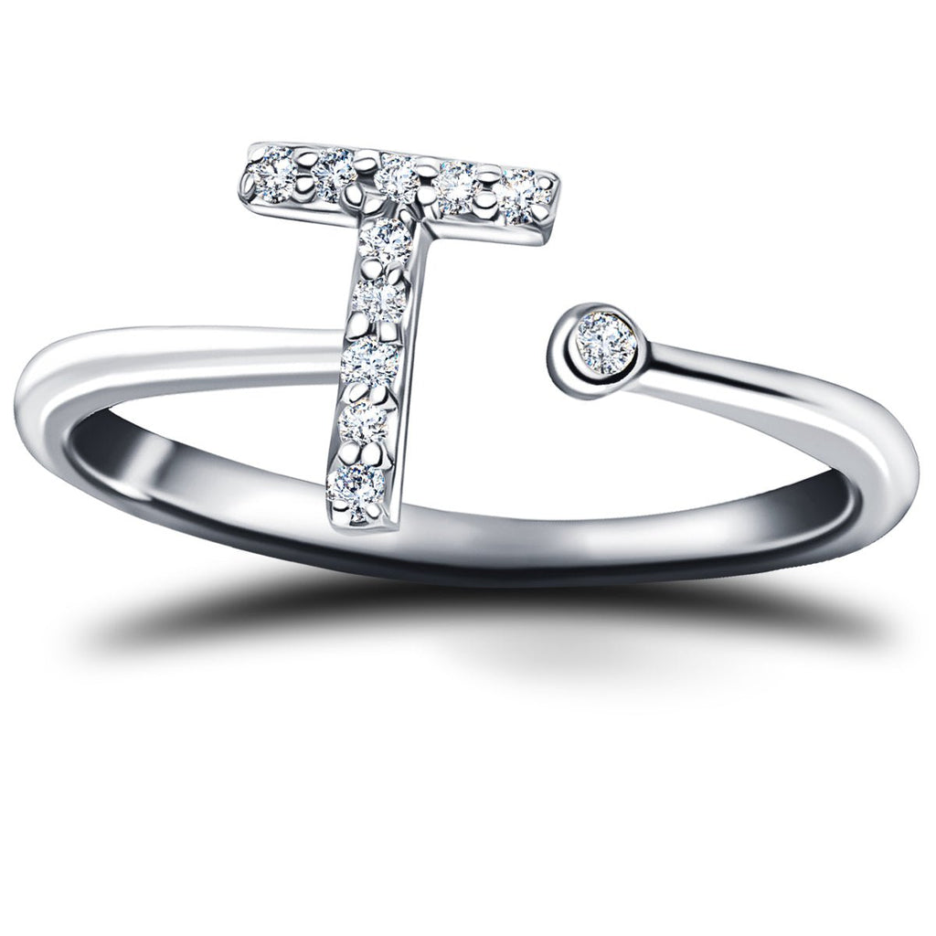Diamond Initial 'T' Ring 0.10ct Premium Quality in 18k White Gold - All Diamond