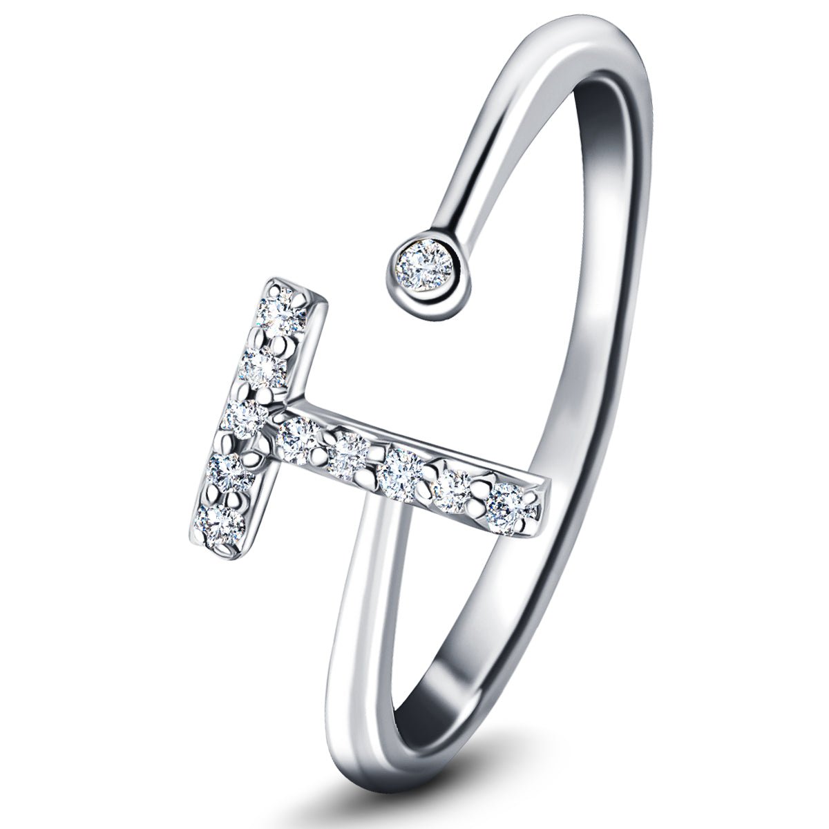 Diamond Initial 'T' Ring 0.10ct Premium Quality in 18k White Gold - All Diamond