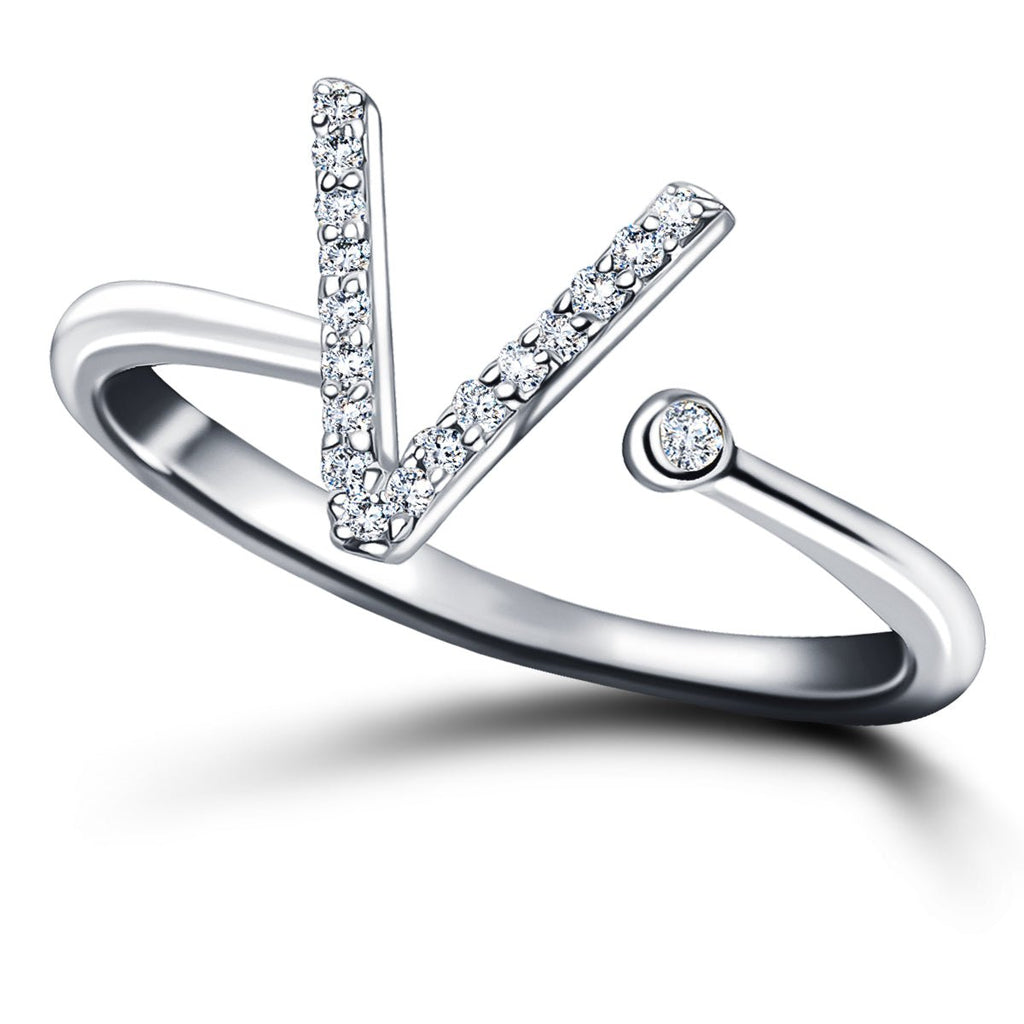 Diamond Initial 'V' Ring 0.10ct Premium Quality in 18k White Gold - All Diamond