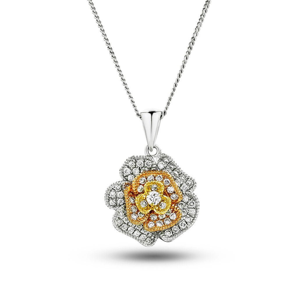 Diamond Rose Pendant Necklace 0.25ct G/SI Quality in 18k 3 Tone Gold - All Diamond