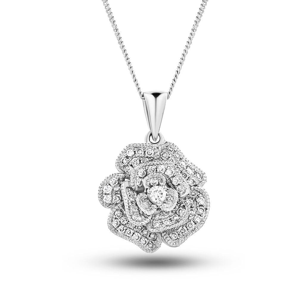 Diamond Rose Pendant Necklace 0.25ct G/SI Quality in 18k White Gold - All Diamond