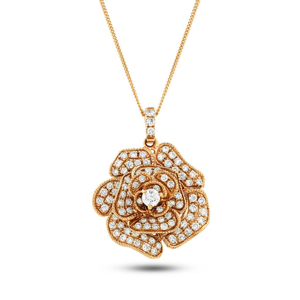Diamond Rose Pendant Necklace 0.60ct G/SI Quality in 18k Rose Gold - All Diamond