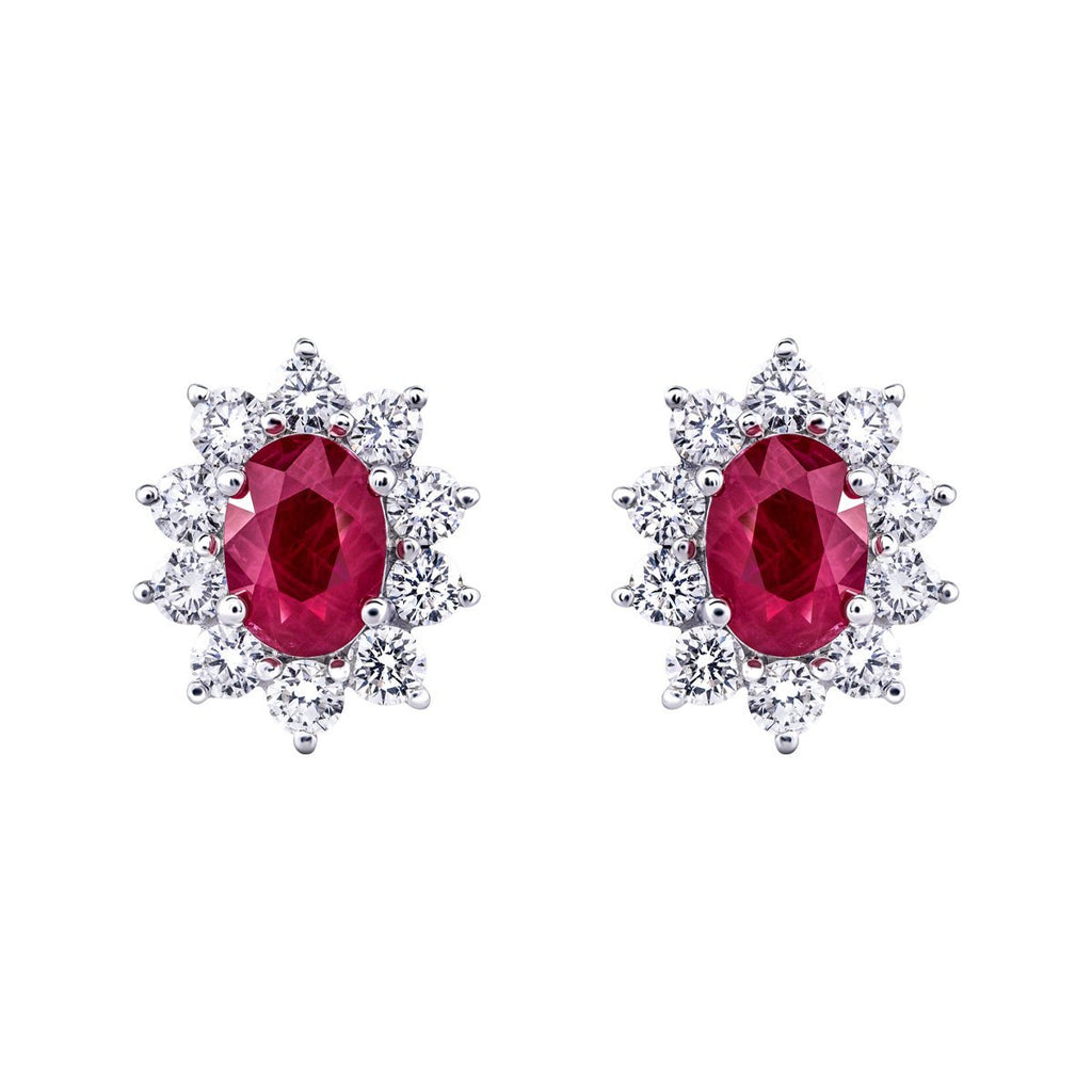Diamond & Ruby Oval Cluster Earrings 3.20ct 18k White Gold - All Diamond