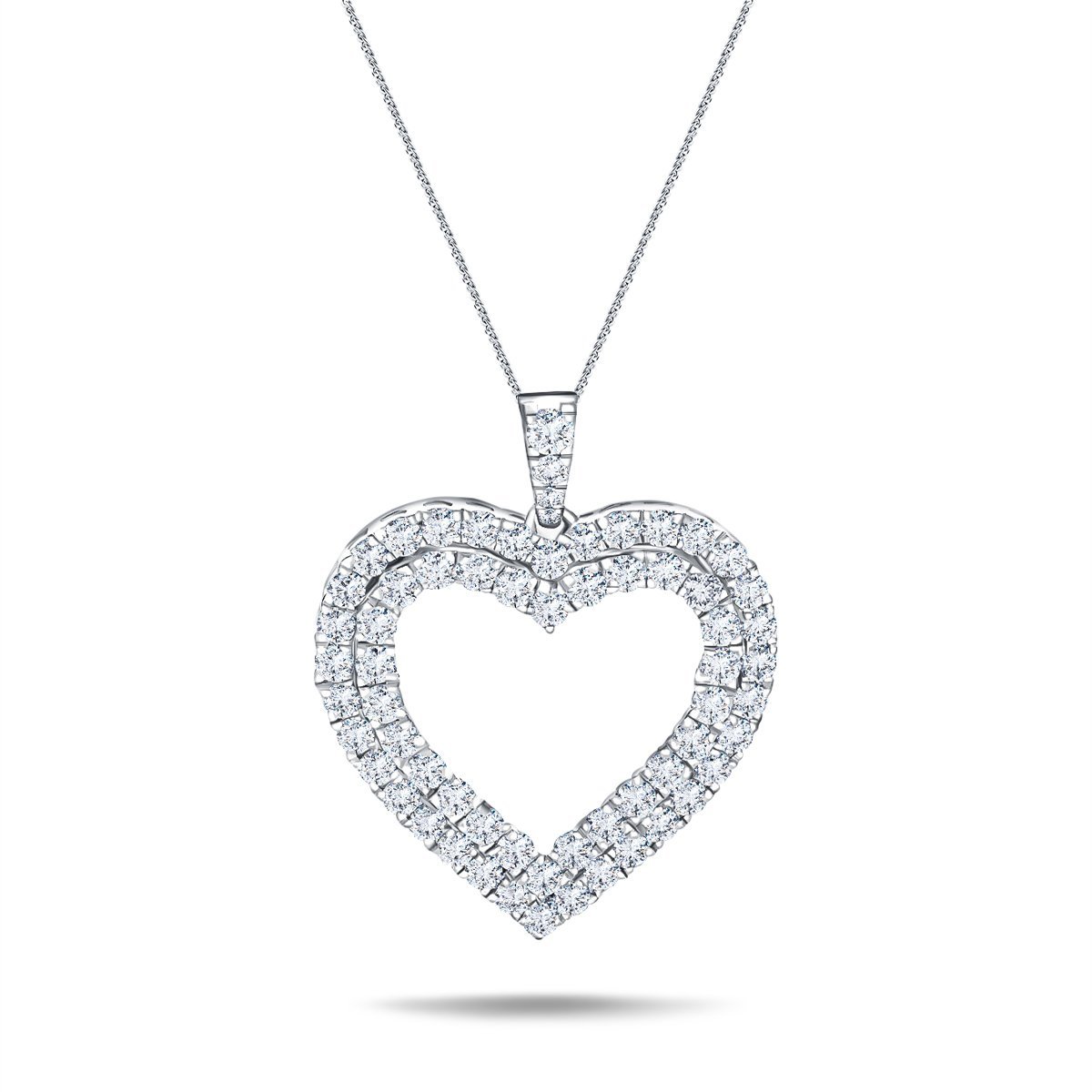 Double Row Heart Round 1.25ct Diamond Pendant in 18K White Gold - All Diamond