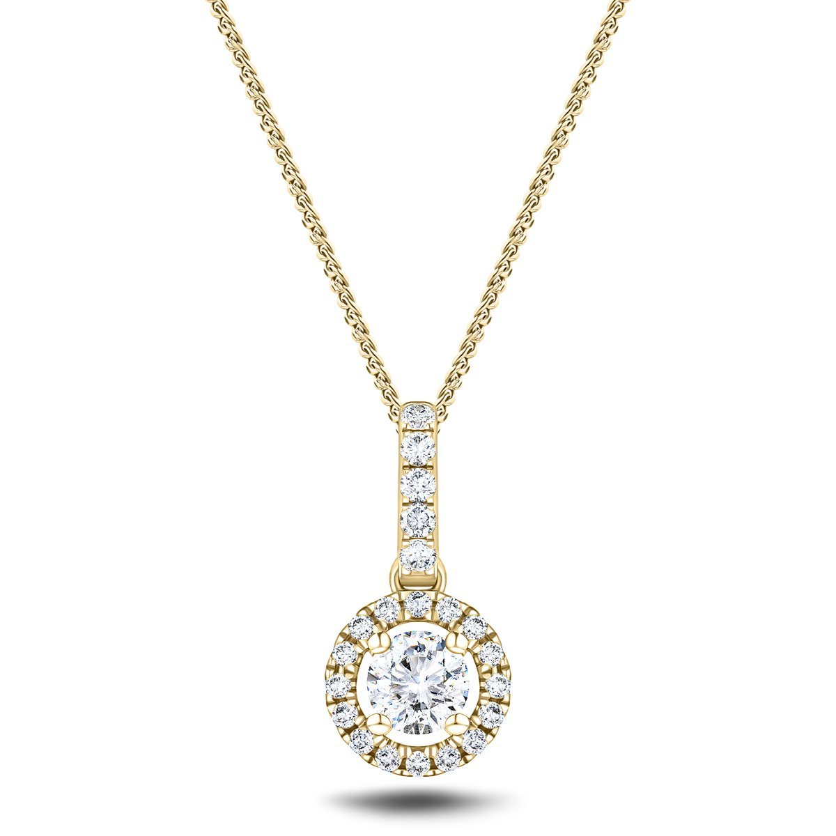 Drop Diamond Halo Pendant Necklace 0.65ct G/SI 18k Yellow Gold - All Diamond