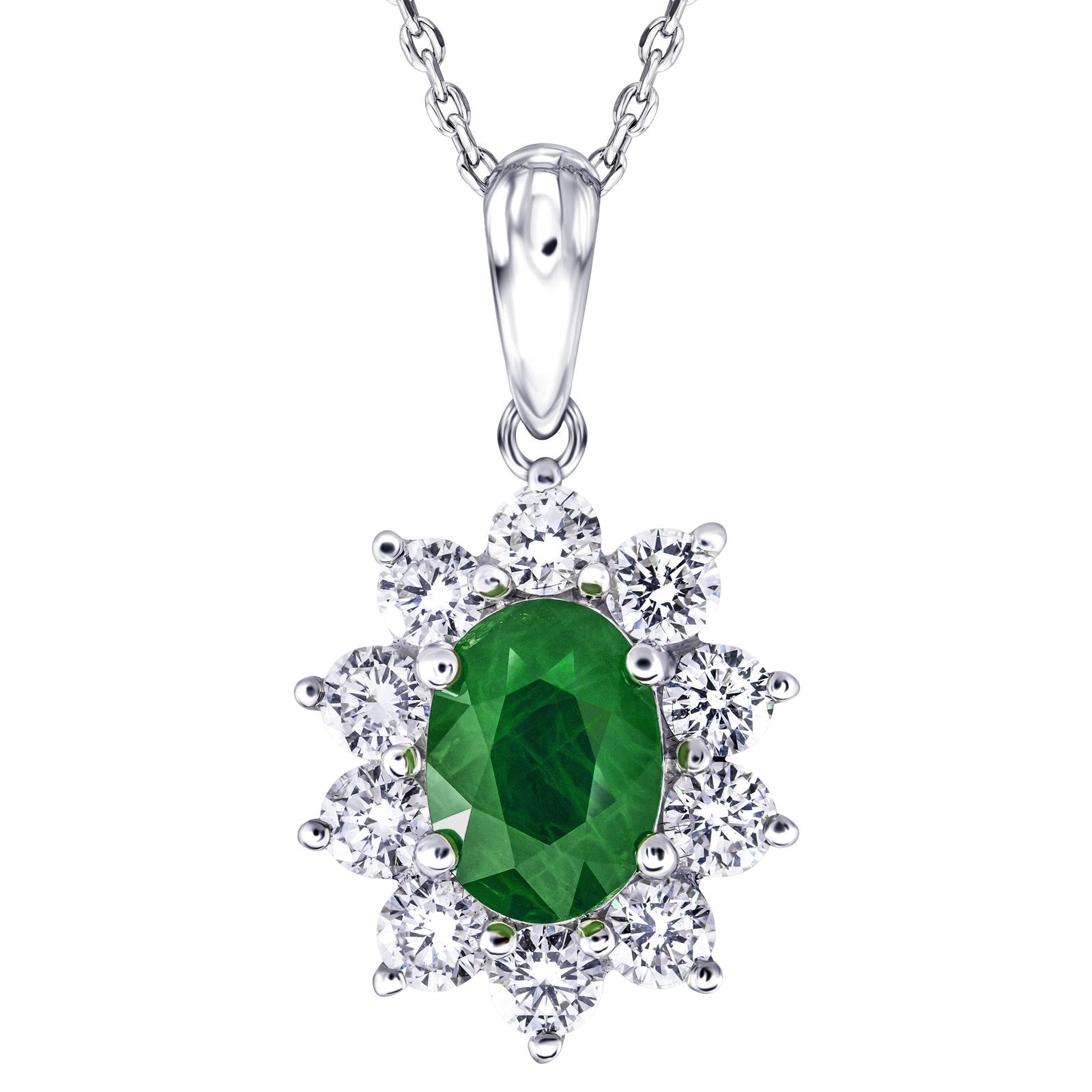 Emerald 0.80ct & 0.60ct G/SI Diamond Necklace in 18k White Gold - All Diamond