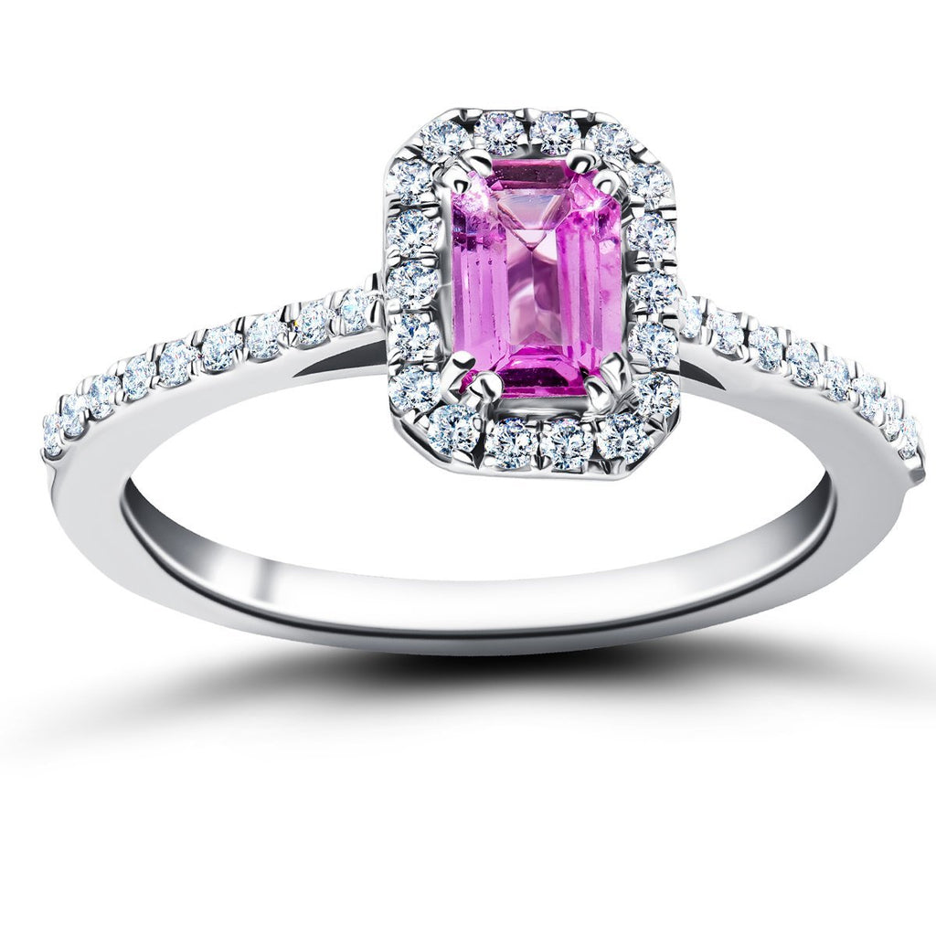 Emerald Pink Sapphire & Diamond 0.90ct Halo Ring in 18k White Gold - All Diamond