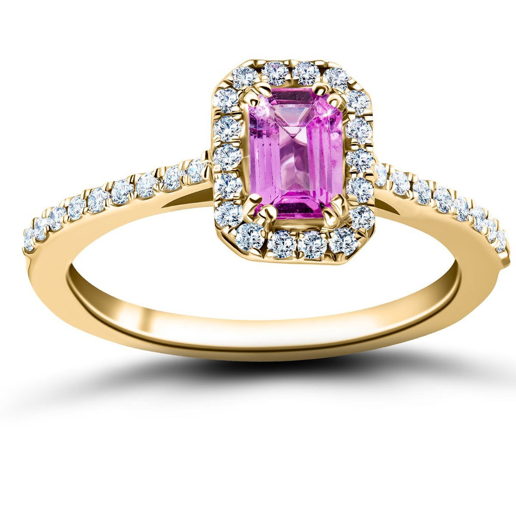Emerald Pink Sapphire & Diamond 0.90ct Halo Ring in 18k Yellow Gold - All Diamond