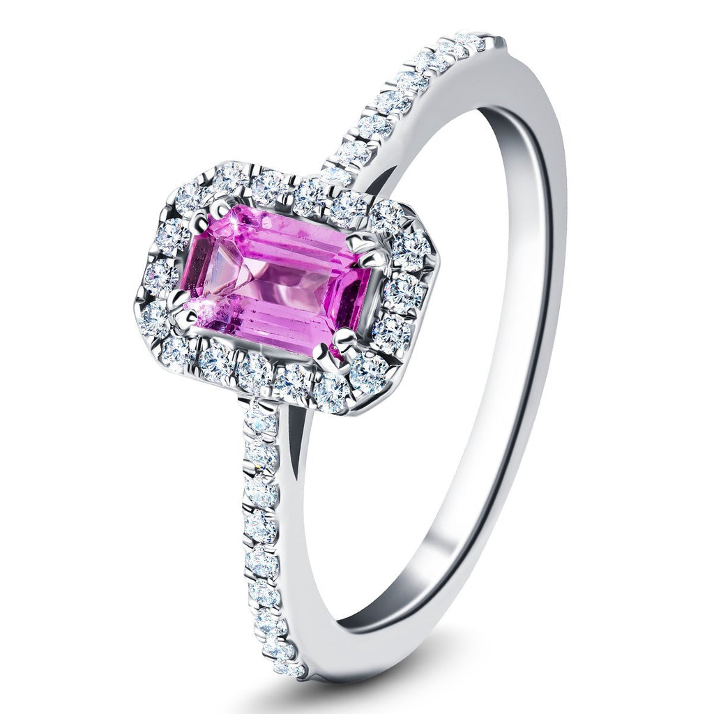 Emerald Pink Sapphire & Diamond 0.90ct Halo Ring in Platinum - All Diamond