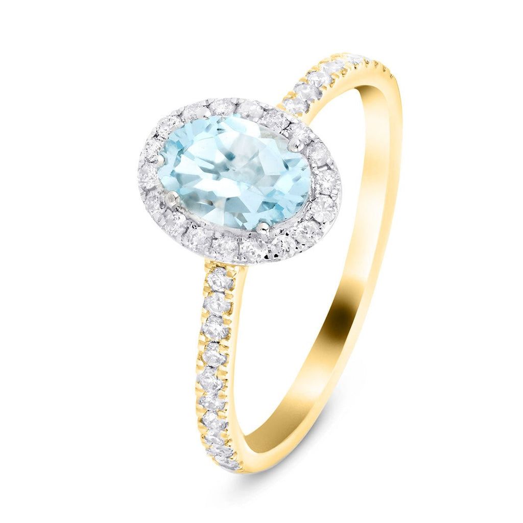 Halo Aquamarine 0.66ct and Diamond 0.27ct Ring in 18K Yellow Gold - All Diamond