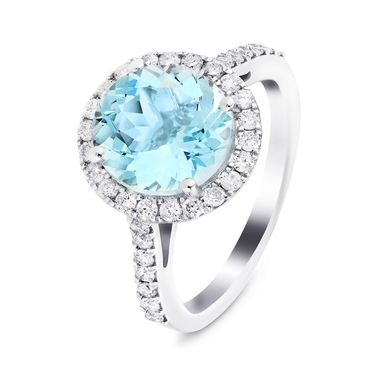 Halo Aquamarine 2.39ct and Diamond 0.43ct Ring in 18K White Gold - All Diamond