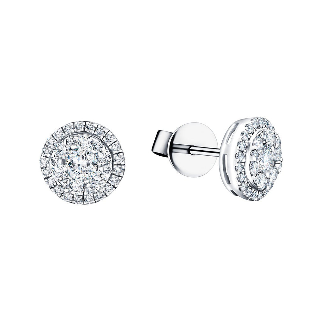 Halo Cluster Diamond Round Earrings 0.85ct G/SI in 18k White Gold 9.0mm - All Diamond