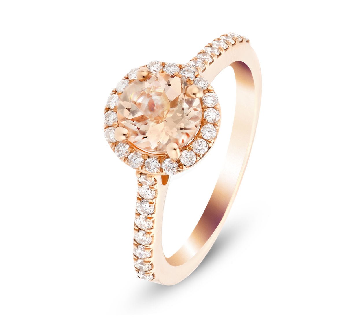 Halo Morganite 0.77ct and Diamond 0.28ct Ring in 9k Rose Gold - All Diamond