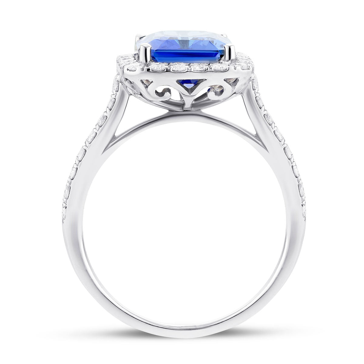 Halo Tanzanite 4.86ct and Diamond 0.53ct Ring in Platinum - All Diamond