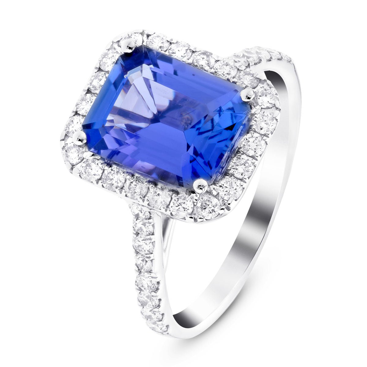 Halo Tanzanite 4.86ct and Diamond 0.53ct Ring in Platinum - All Diamond