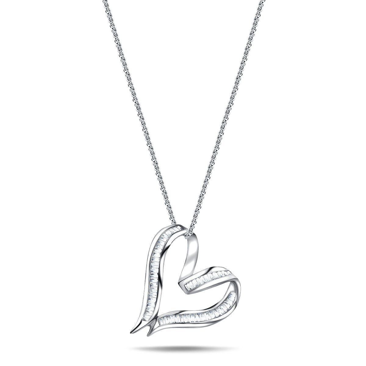 Heart Necklace 0.30ct Baguette Diamond 18K White Gold - All Diamond