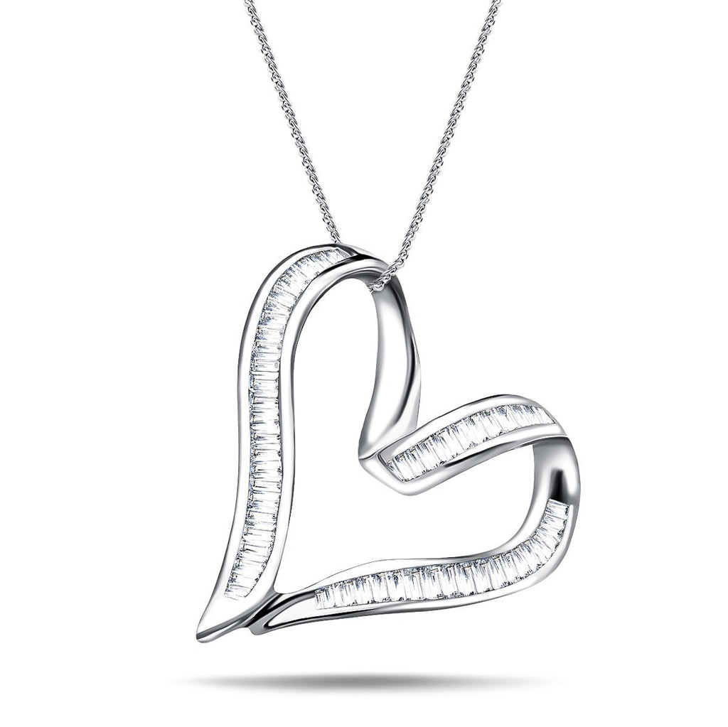 Heart Necklace 1.00ct Baguette Diamond 18K White Gold - All Diamond