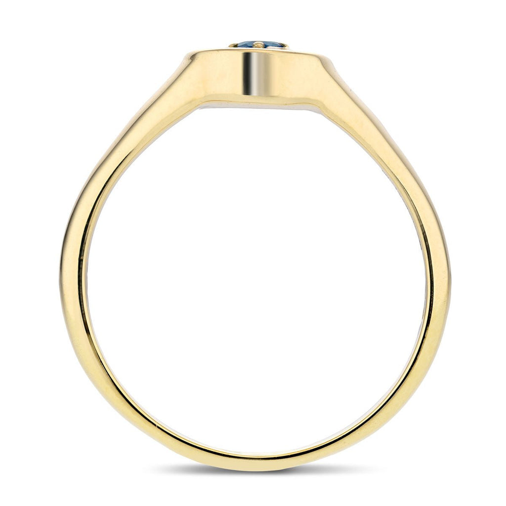 Mens Single London Blue Topaz Signet Ring 0.10ct in 9k Yellow Gold - All Diamond