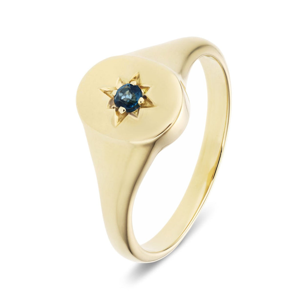 Mens Single London Blue Topaz Signet Ring 0.10ct in 9k Yellow Gold - All Diamond