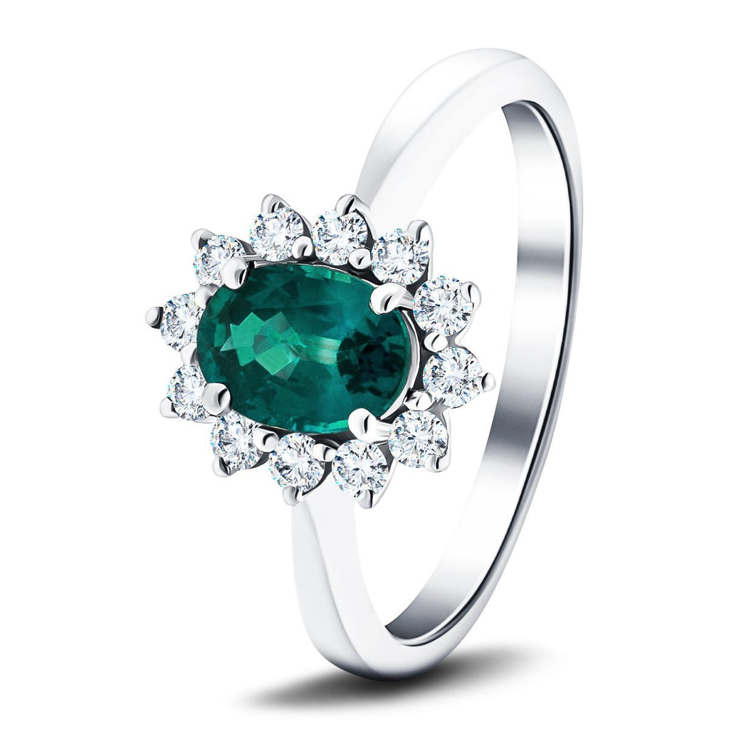 Oval 0.45ct Emerald 0.20ct Diamond Cluster Ring 18k White Gold - All Diamond