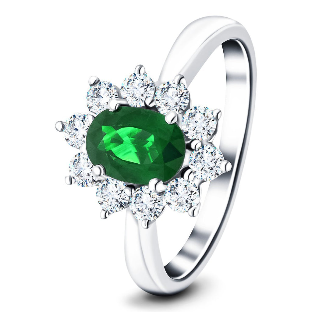 Oval 0.45ct Emerald 0.30ct Diamond Cluster Ring 18k White Gold - All Diamond