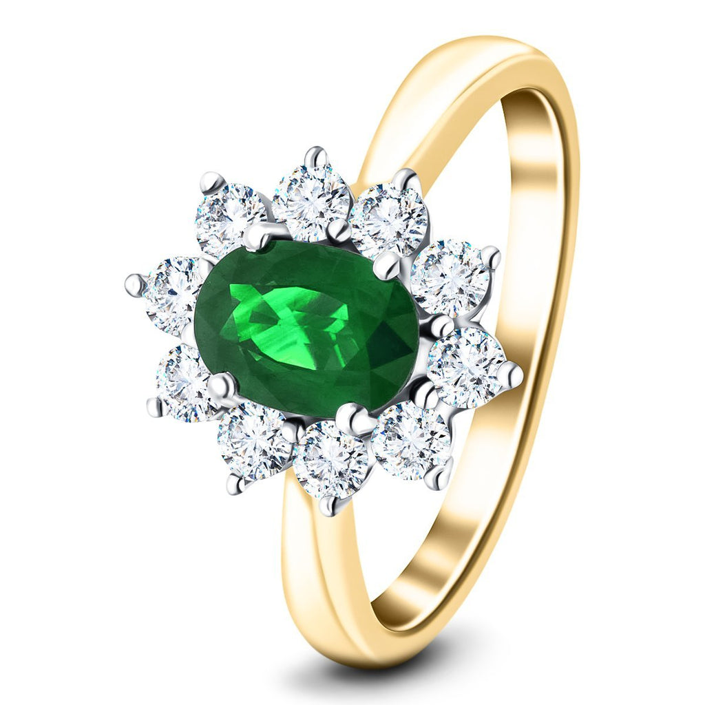 Oval 0.45ct Emerald 0.30ct Diamond Cluster Ring 18k Yellow Gold - All Diamond