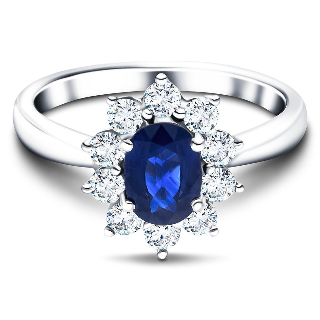 Oval 0.50ct Blue Sapphire 0.30ct Diamond Cluster Ring 18k White Gold - All Diamond