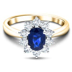 Oval 0.50ct Blue Sapphire 0.30ct Diamond Cluster Ring 18k Yellow Gold - All Diamond