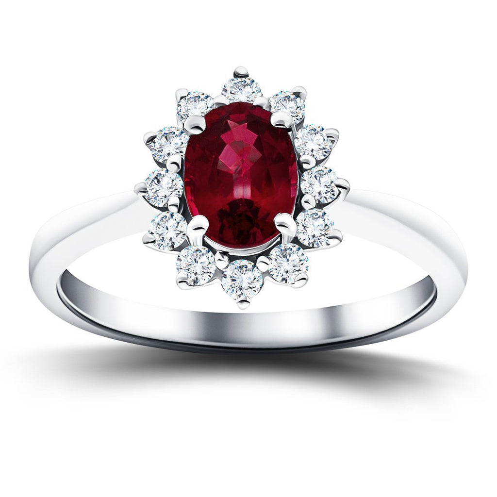 Oval 0.50ct Ruby 0.20ct Diamond Cluster Ring 18k White Gold - All Diamond