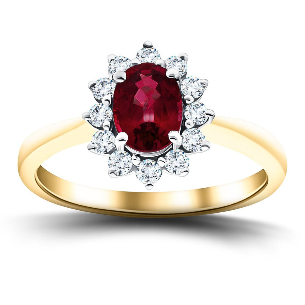 Oval 0.50ct Ruby 0.20ct Diamond Cluster Ring 18k Yellow Gold - All Diamond