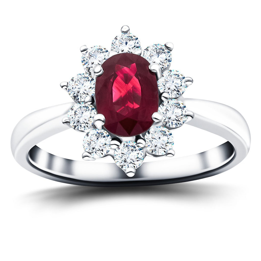 Oval 0.50ct Ruby 0.30ct Diamond Cluster Ring 18k White Gold - All Diamond