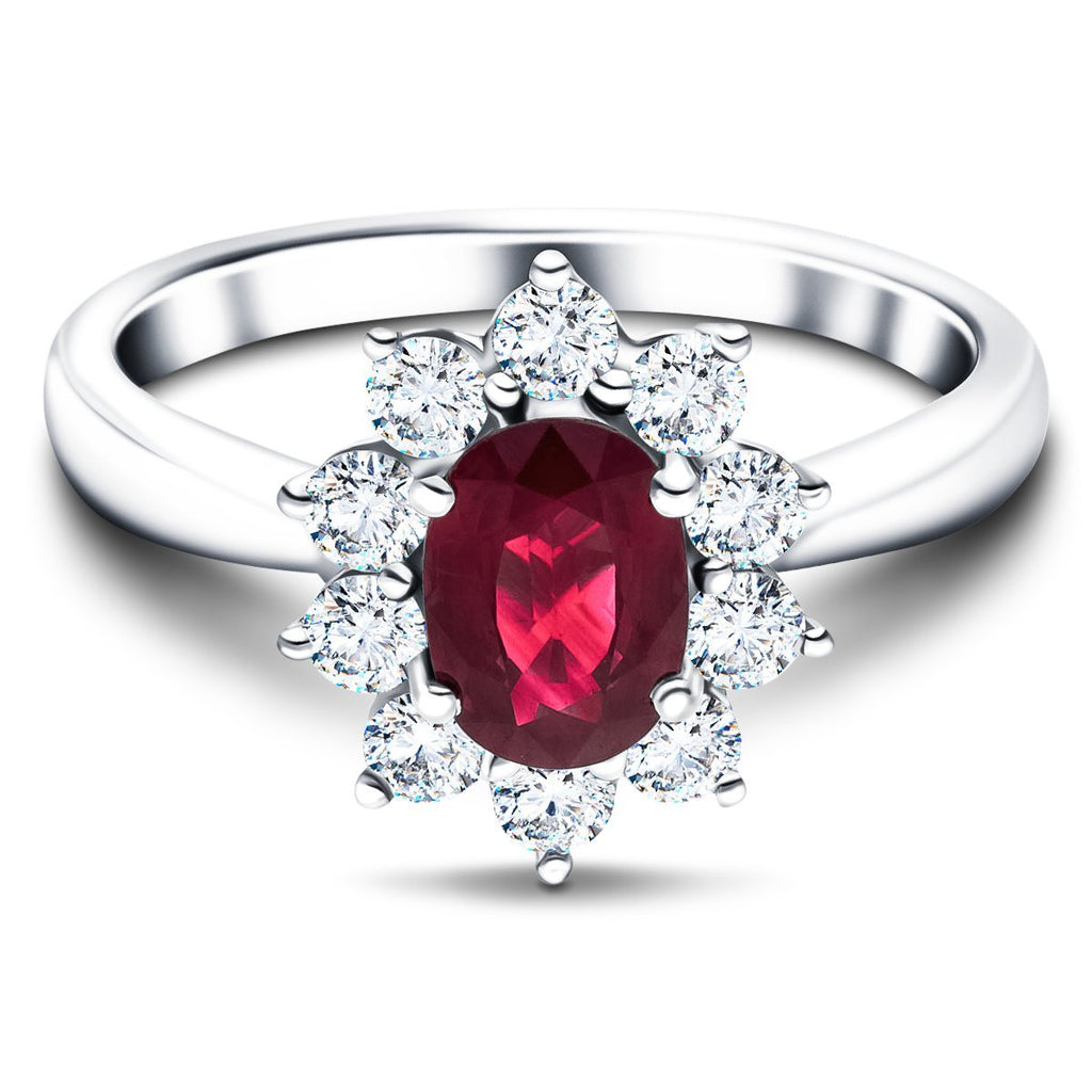 Oval 0.50ct Ruby 0.30ct Diamond Cluster Ring 18k White Gold - All Diamond