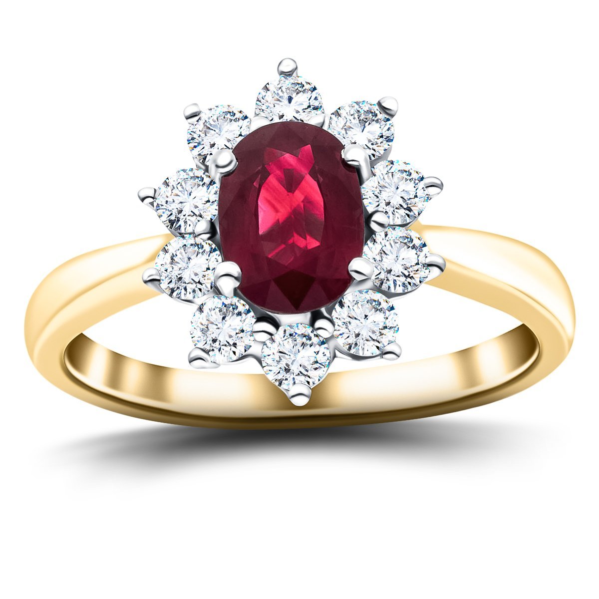 Oval 0.50ct Ruby 0.30ct Diamond Cluster Ring 18k Yellow Gold - All Diamond