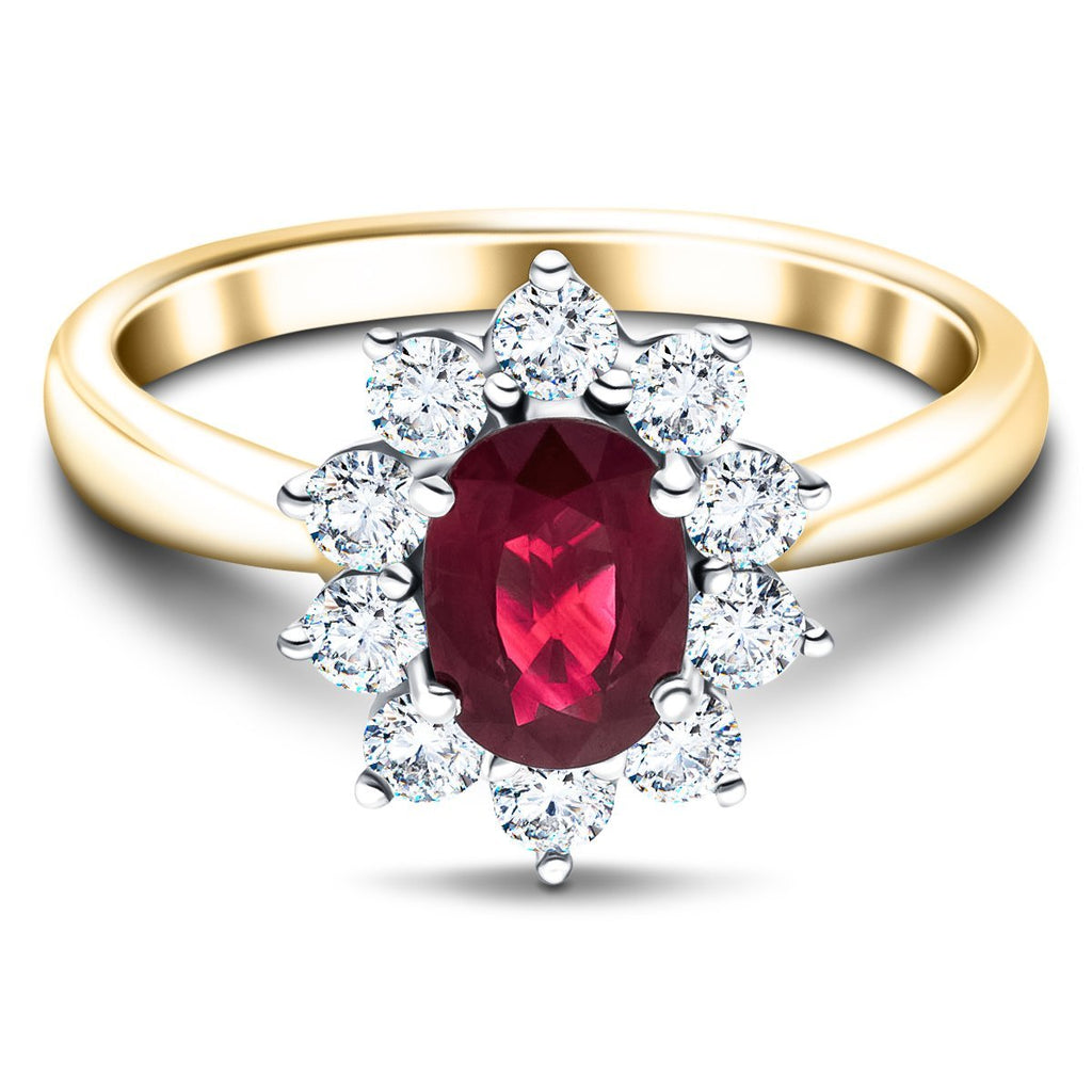 Oval 0.50ct Ruby 0.30ct Diamond Cluster Ring 18k Yellow Gold - All Diamond