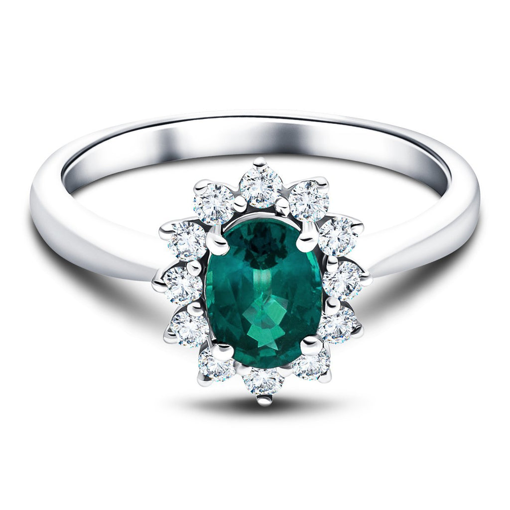 Oval 0.80ct Emerald 0.30ct Diamond Cluster Ring 18k White Gold - All Diamond