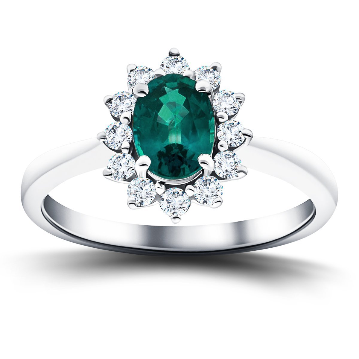 Oval 0.80ct Emerald 0.30ct Diamond Cluster Ring 18k White Gold - All Diamond